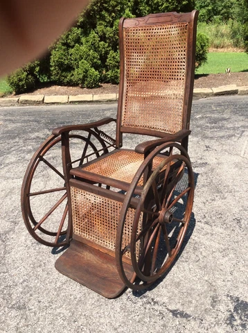 Antique Gendron ? 3 Wheel Wood / Wicker Cane Reclining Wheelchair - Wood Wheels Cover