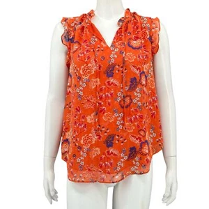 Rachel Zoe Top Womens Medium Orange Floral Swiss Dot Ruffle V-Neck Sheer Fall - Picture 1 of 8
