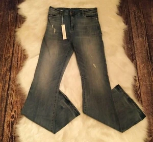 Pantalones de mezclilla BlankNYC desgastados destruidos pierna acampanada tiro alto para mujer 29 informales - Imagen 1 de 8