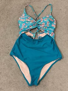 Cupshe Monokini One Piece Swimsuit Women SZ Medium Blue Floral Cut Out Tie Back - Picture 1 of 15