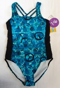 TOTAL GIRL One-Piece Swimsuit Bathing Suit, BLACK & BLUE peace sz 12 *New w/Tags - Picture 1 of 8