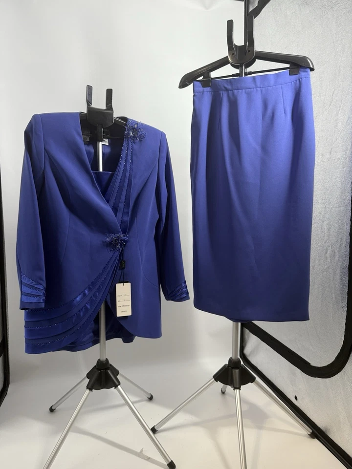 Milano 2 Pc Blue Beaded Satin Sunday Church Skirt Suit Sz 12 Formal Evening NWT - Image 1 of 4