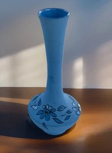 PFC Vase Blue Matte Ceramic Hand Painted Artist Signature Flowers Home Decor - Picture 1 of 19