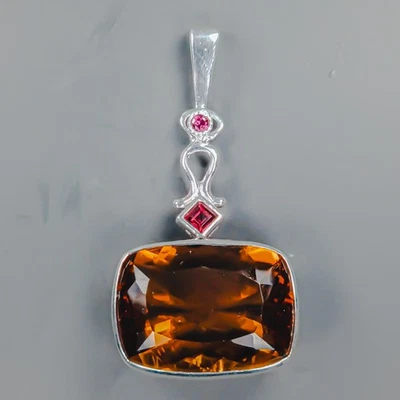 Fine Art 40 ct Natural Cognac Quartz Pendant 925 Sterling Silver  /NP50178 - Image 1 of 4