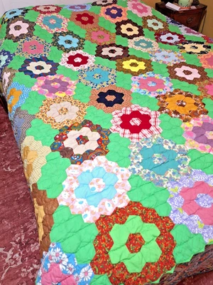 Grandmother's Flower Garden Quilt 73" x 82" Hand Quilted Vintage Full Size - Image 1 of 4