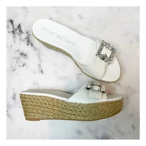 Stuart Weitzman Saint Tropez Crystal Buckle Espadrille Wedge Sandals Sz38.5 NWOB - Picture 1 of 10