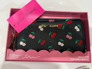 Betsey Johnson Cherry Embroidered Wallet Wristlet Black/Multi New in Box - Picture 1 of 6