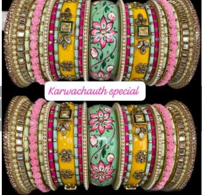 Conjunto Brazalete Chura Karwachauth Joyería Boda Novia 6 COLORES Mujer India Foto 1 de 1