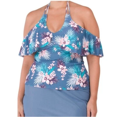 Raisins Curve Tropical Floral Print Ruffle Tankini Swim Top 14W - Image 1 of 4