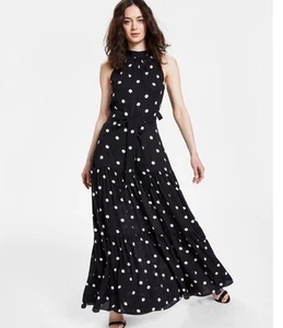 Anne Klein Polka Dot Mock-Neck Sleeveless Maxi Dress in Black/White Size: 12 EUC - Picture 1 of 9