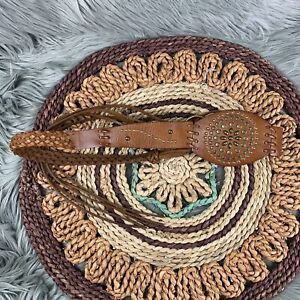 Express Small Tan Studded Leather Fringe Braided D-Ring Loop Close Boho Belt