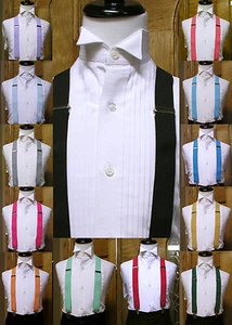 Boys suspenders set clip-on x back Black Coral Red Silver Mint Fuchsia Pink Jade - Picture 1 of 30