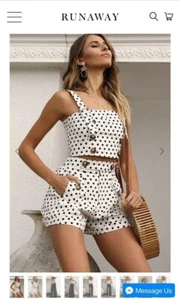 BNWT RUNAWAY FRENCHIE TOP S 8 10 WHITE SPOT POLKA DOT BUTTONS CROP SUMMER TRAVEL - Picture 1 of 9