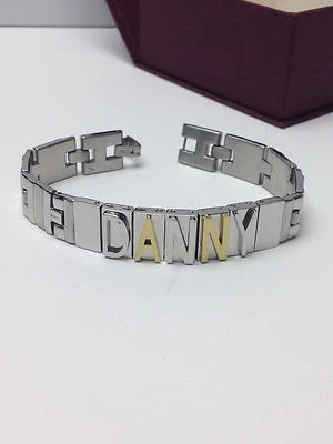 DANNY  STAINLESS STEEL SILVER + GOLD  MENS ID NAME BRACELET  RAISED LETTERS  NEW - Image 1 of 4