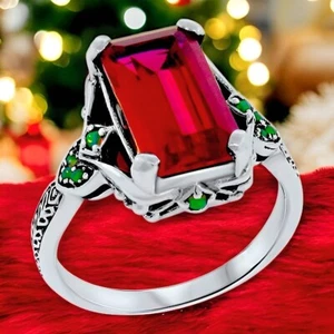 VIKTORIANISCHER STIL 925 STERLINGSILBER 7 KARAT ROTER LABORGEFERTIGTER RUBIN & OPAL RING #492 - Bild 1 von 4