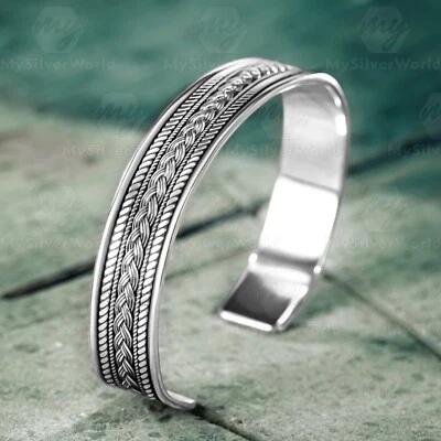 Brazalete brazalete brazalete ajustable con detalle trenzado hecho a mano de plata de ley 925 para hombre Foto 1 de 3