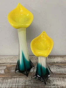 Vintage Paar mundgeblasene Kunstglas Calla Lily Jack in der Kanzel Vase türkis & gelb 12”/8” - Bild 1 von 18