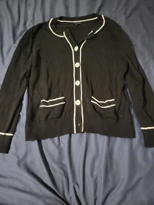 Tommy Hilfiger Cardigan Womans XL Chunky Buttons Black With White Trim Preppy - Picture 1 of 5