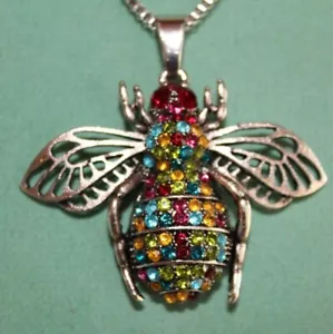Bee-utiful Colorful Rhinestone Bee Necklace 31 inch chain - Picture 1 of 3