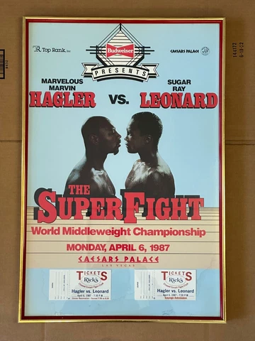 1987 Top Rank Hagler Vs Leonard The Super Fight Poster w/ x2 Tickets Frame RARE Cover