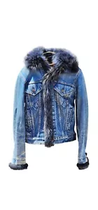 LEVI'S & Cassin of New York Repurposed Vintage Denim Blue Jean Rabbit Fur Jacket - Picture 1 of 24