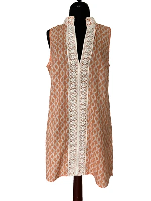 Rock Flower Paper Women's Coral Pink Sleeveless Shift Dress Crochet Cotton Sz L - Image 1 of 4