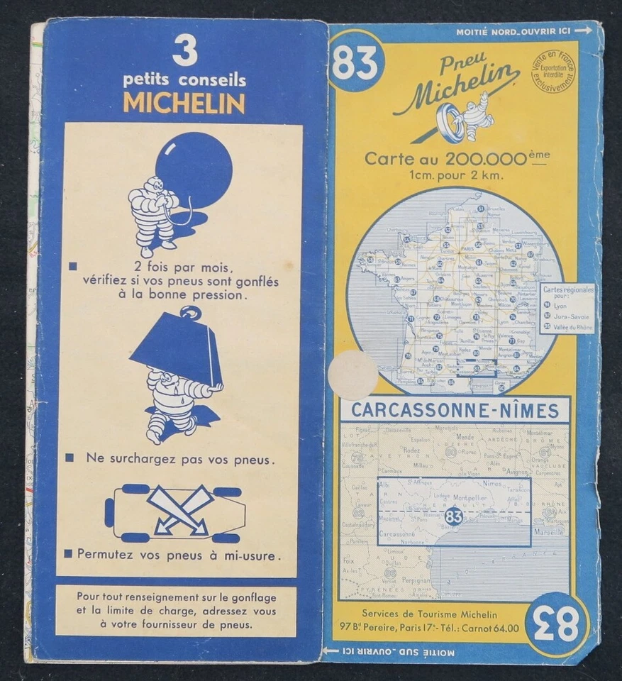 Tarjeta MICHELIN 83 CARCASSONNE NIMES 1951 Guía Bibendum neumáticos mapa - Imagen 1 de 1