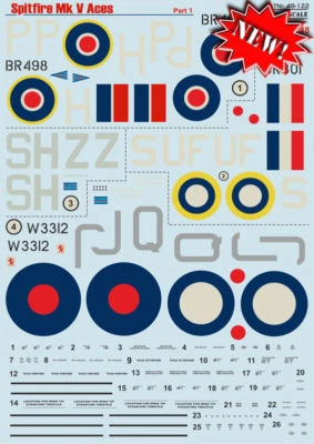 Print Scale 48-122 - 1/48 Decal for Airplane Spitfire Mk V Aces, Part 1 Aircraft - Image 1 of 4