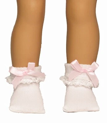 White Lace Anklet Socks w/Pink Bows fit 15 -18" Doll - American Girl Size Doll