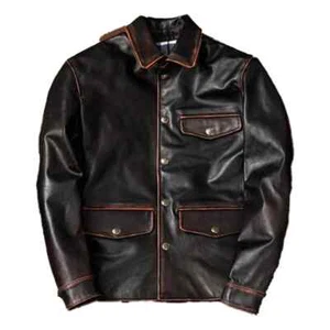 Chaqueta negra vintage de motociclista informal de cuero real para hombre NF02 - Imagen 1 de 5