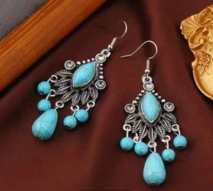 Pendientes colgantes estilo bohemio retro con incrustaciones de turquesa - Imagen 1 de 6