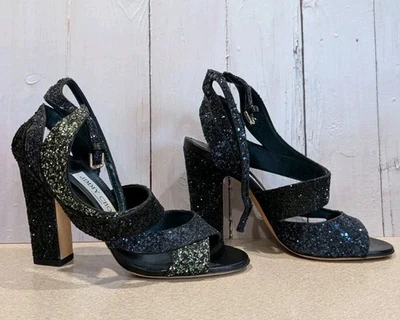 Jimmy Choo Falcon 100 Sandalias de Tacón Brillo Grueso en Negro Verde Azul Talla 6 Foto 1 de 4