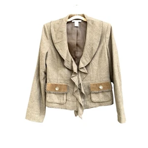 CAbi Blazer Jacke Damen 8 taupe Wollmischung Rüschen vorne Kunst-Wildleder-Besatz Fransen - Bild 1 von 13