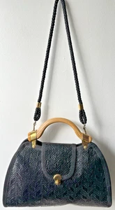 Black Shoulder Bag Purse Imitation Woven Straw & Wooden Handles Zip Strap EUC - Picture 1 of 7