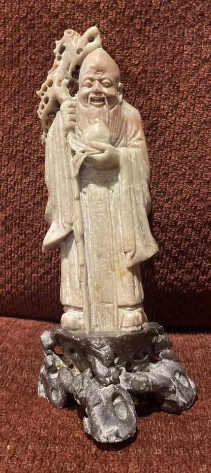 "Estatua de piedra de jabón china talla Shou Lao dios de la longevidad estatuilla 8"" sobre soporte" Foto 1 de 4