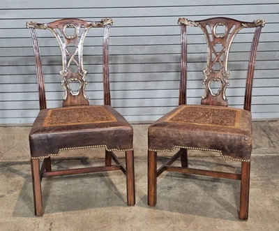 Pair of Maitland Smith Chippendale Mahogany Side Chairs Leather Upholstery - Image 1 of 4