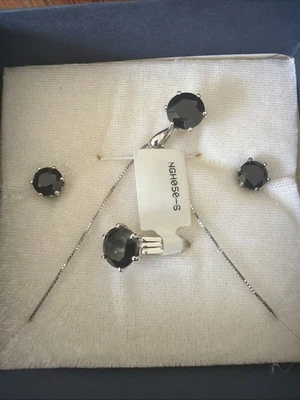 Black Spinel Rhodium Over Silver Ring, Earrings, Pendant With Chain Jewelry Set - Image 1 of 2