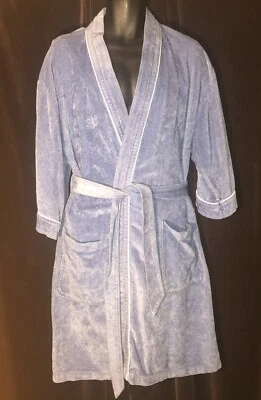 Vintage SEARS Mens Store Blue Velour Robe & Belt Tie ONE SIZE White Detail EUC - Image 1 of 4