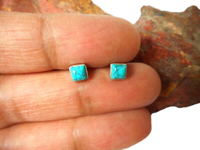 Small Square Blue TURQUOISE  Sterling  Silver  925 Gemstone Stud Earrings - 4 mm - Image 1 of 4