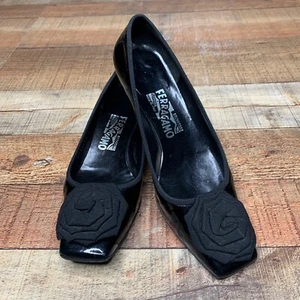 Salvatore Ferragamo Black Patent Leather Taira Kitten Heel  Italy Women Sz 7C - Picture 1 of 9