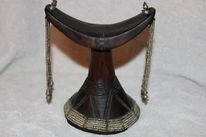 Old Arussi African Headrest Hand Carved Yak Butter Oxidization Ethiopia Beaded - Picture 1 of 11