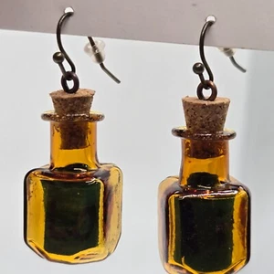 DANGLE MESSAGE IN A BOTTLE EARRINGS - UNIQUE - GOLD GLASS - Picture 1 of 6