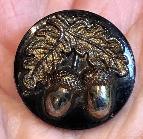 Pretty Antique Victorian  Silver Luster  Black Glass ACORNS & LEAVES Button 7/8" Cover
