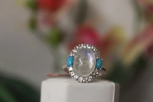 Anillo Turquesa Piedra Lunar Arco Iris, Bella Durmiente Talla 9 Plata TGW 6.98 cts - Imagen 1 de 10