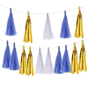 Striscione ghirlanda nappa blu scuro, bianco, oro 15 pezzi con corda - Foto 1 di 4