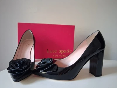 De colección Kate Spade Pixanne Too 8 Negro Charol Bloque Tacón Flor Italia Foto 1 de 4