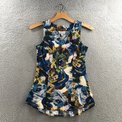 Kathleen Kirkwood 背心上衣女式 S 多色棉混纺花卉缺口领 — 第 1/4 张图片