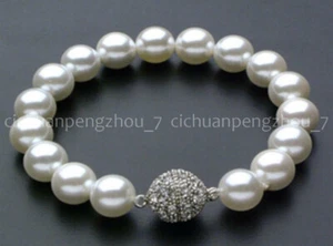 8/10/12/14mm White South Sea Shell Pearl Round Beads Bracelet 7.5'' Magnet Clasp - Picture 1 of 7