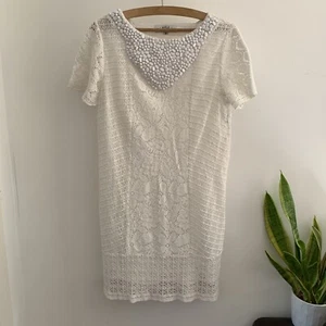 Vintage TIBI Y2K Dress 8 12 Mini Lace Fitted Mod White Beaded Shift collar - Picture 1 of 12