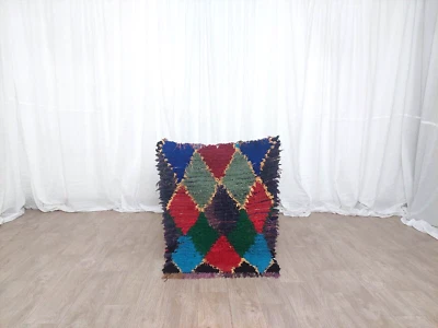 Kleiner Vintage Teppich Marokkanischer Berber Boucherouite Carpet Handarbeit ... - Bild 1 von 4